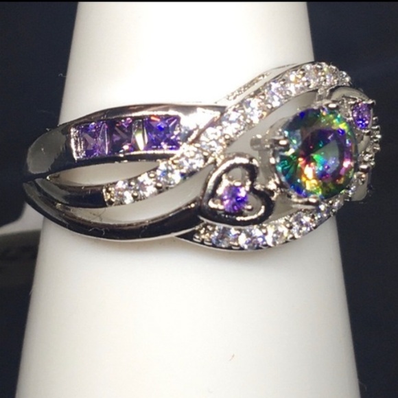 Gorgeous 925 Purple Green Topazs Hearts Infinity Lovers Ring - Picture 4 of 6
